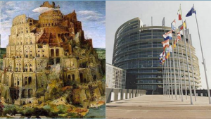 TOWER OF BABEL BY BRUEGHEL AND THE EU PARLIAMENT IN STRASBOURG. THE EUROPEAN UNION WAS INCORPORATED BY THE MAASTRICHT TREATY IN 1992 SHORTLY AFTER BUSH SR'S "NEW WORLD ORDER" SPEECH ON SEPTEMBER 11TH, 1991